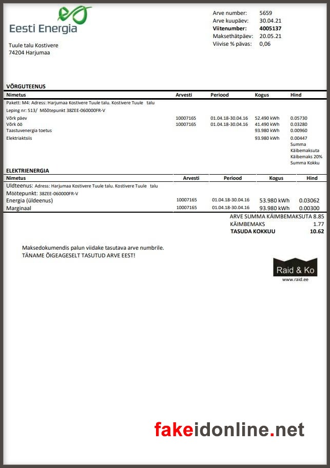 Estonia Utility Bill PSD Template - Estonia Proof of Address